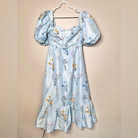 NWOT Self-Portrait Watercolor Taffeta Blue Puff Sleeve Floral Midi Dress Size 6 - Picture 5 of 8